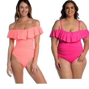 NWT La Blanca Womens Island Goddess Off Shoulder One Piece Size 4-18W $130 9B715